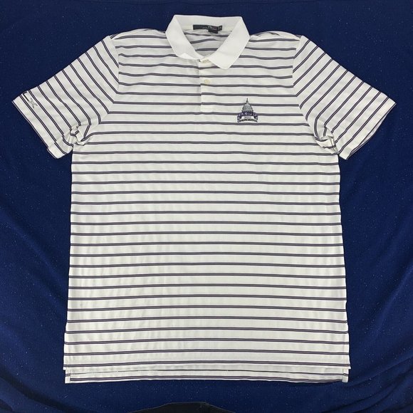Mens RLX Ralph Lauren Golf Short Sleeve Polo Shirt White Stripes XL 2011 US Open - Picture 1 of 5